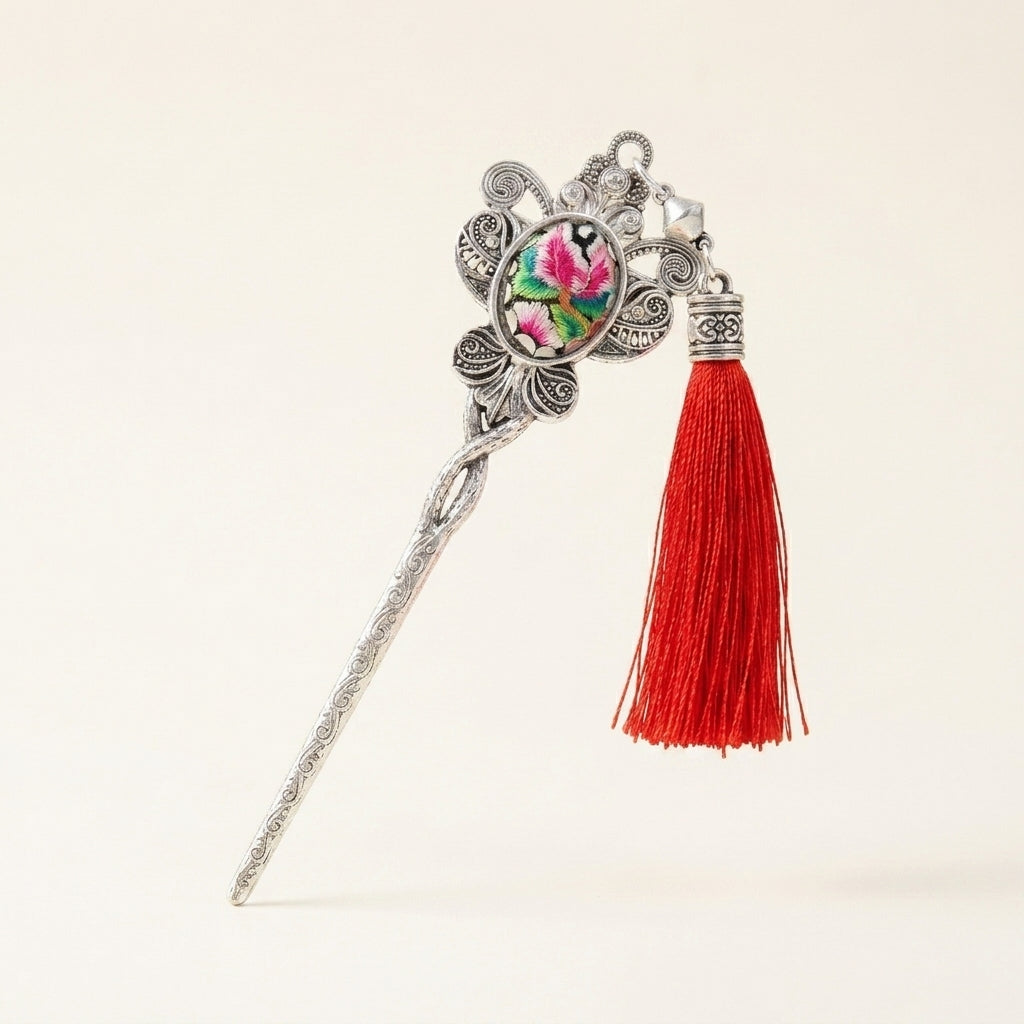 Miao silver embroidery hair stick with a red tassel
