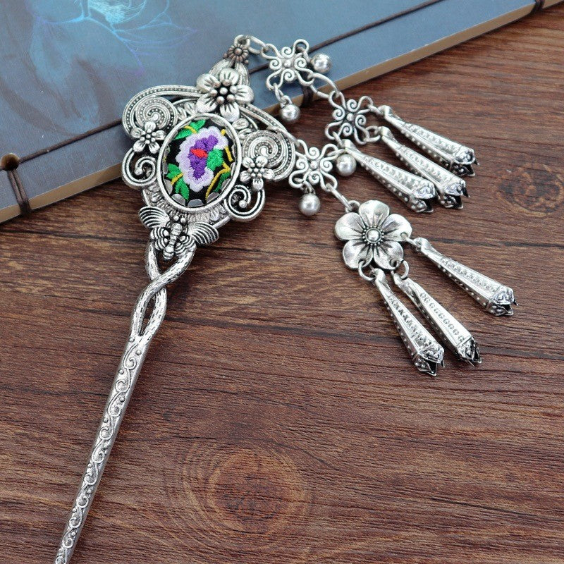 Miao Silver Embroidery Hair Stick With Butterfly & Flower Hair Stick Only Hair Clips - Handmade