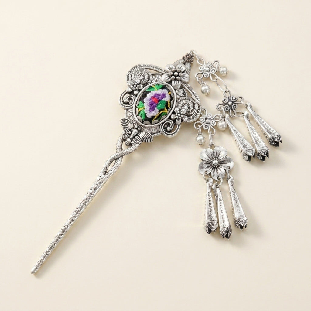 Miao silver embroidery hair stick with colorful floral detail and silver tassels