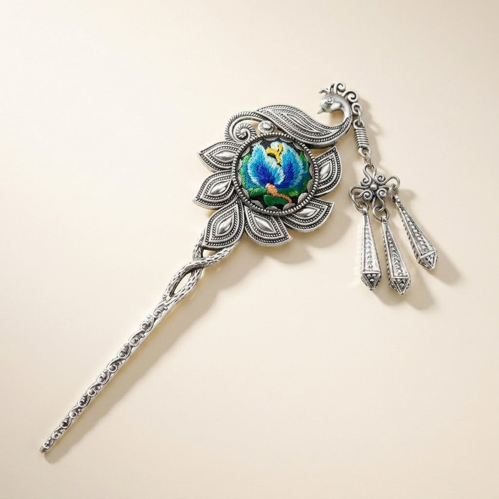 Miao silver embroidery hair stick with a blue and green floral centerpiece
