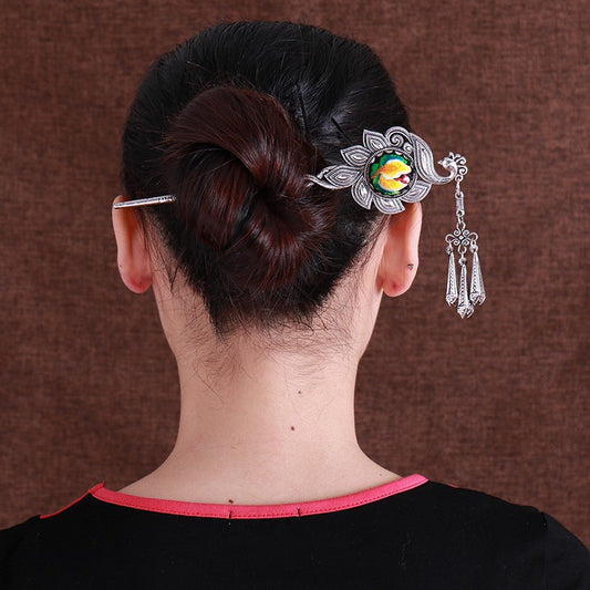 Miao Silver Embroidery Hair Stick With Hair Clips - Handmade