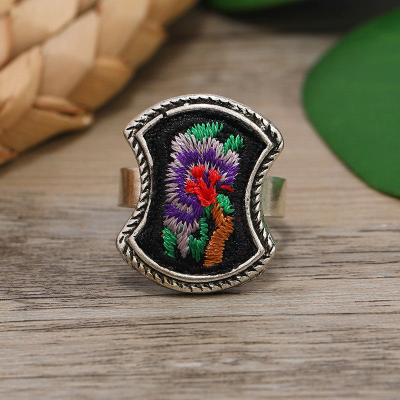 Miao Silver Embroidery Ring With Axe Rings - Handmade