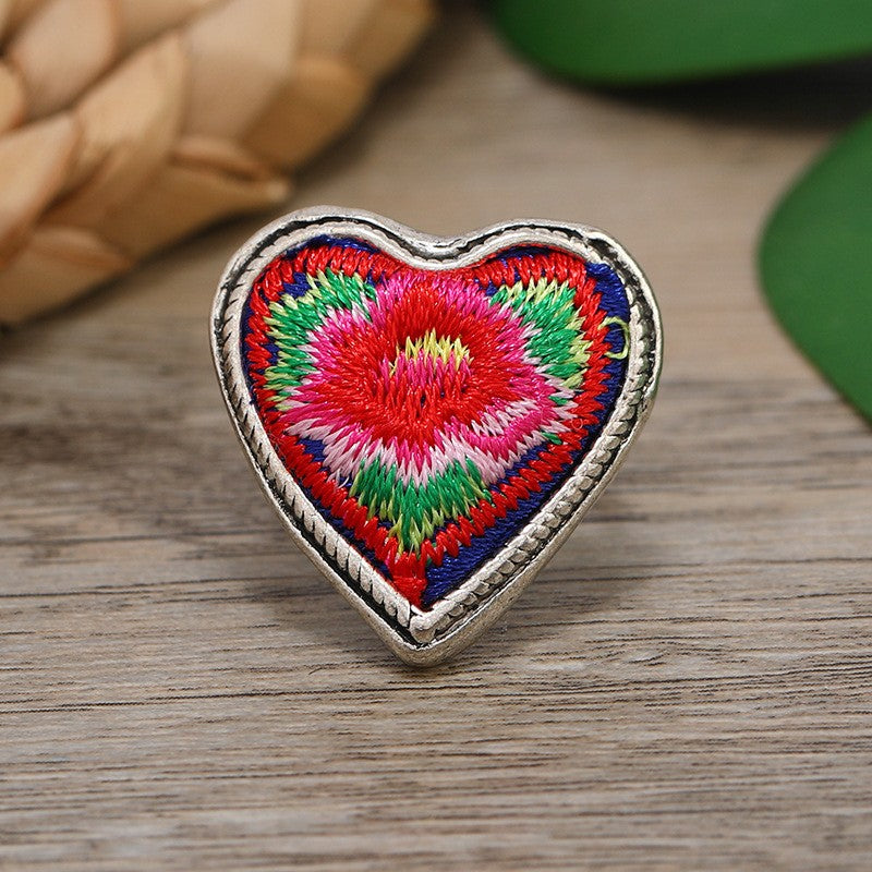 Miao Silver Embroidery Ring With Heart Rings - Handmade