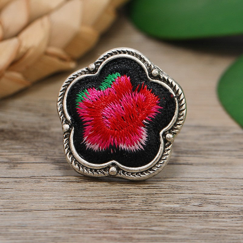 Miao Silver Embroidery Ring With Flower Rings - Handmade