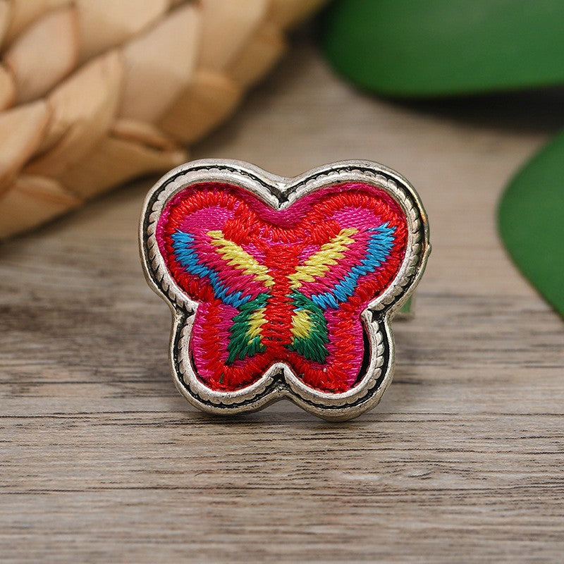 Miao Silver Embroidery Ring With Butterfly Rings - Handmade