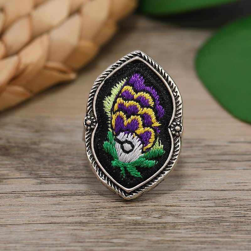 Miao Silver Embroidery Ring With Double Heart Rings - Handmade