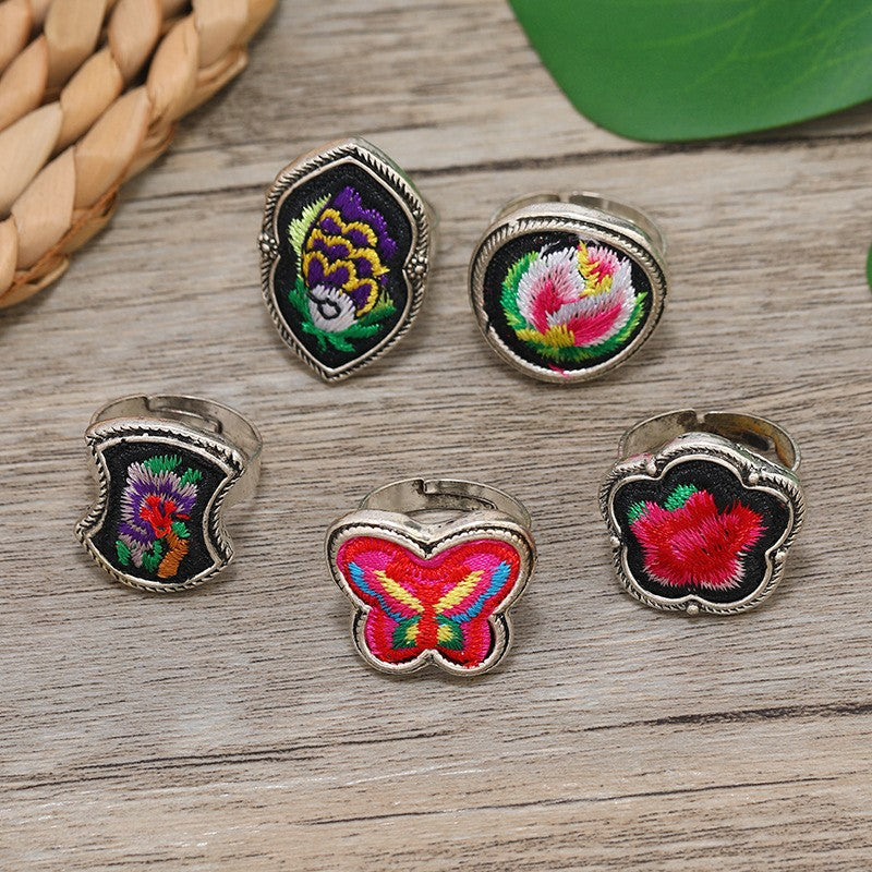 Miao Silver Embroidery Ring With Rings - Handmade