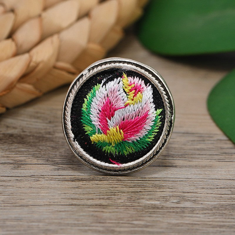 Miao Silver Embroidery Ring With Round Rings - Handmade