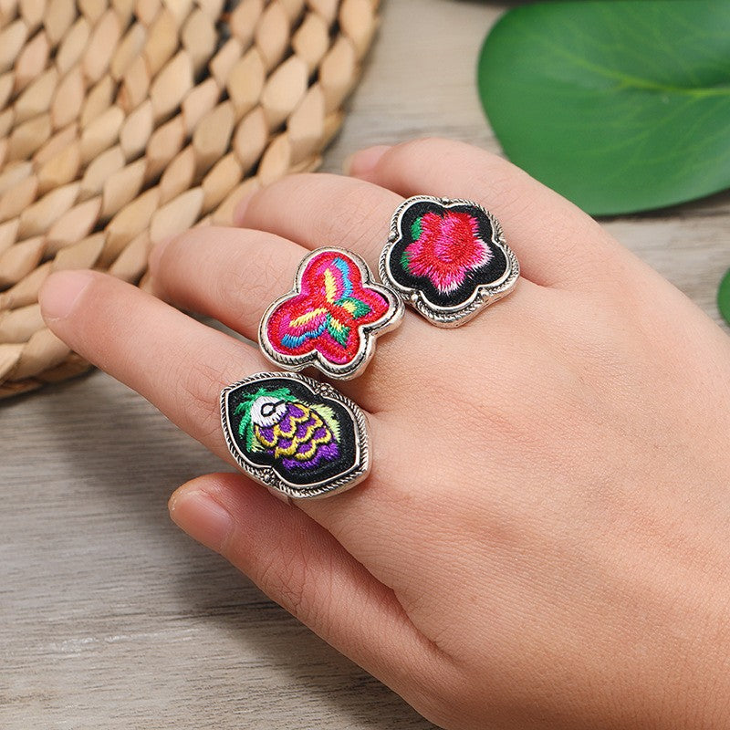 Miao Silver Embroidery Ring With Rings - Handmade