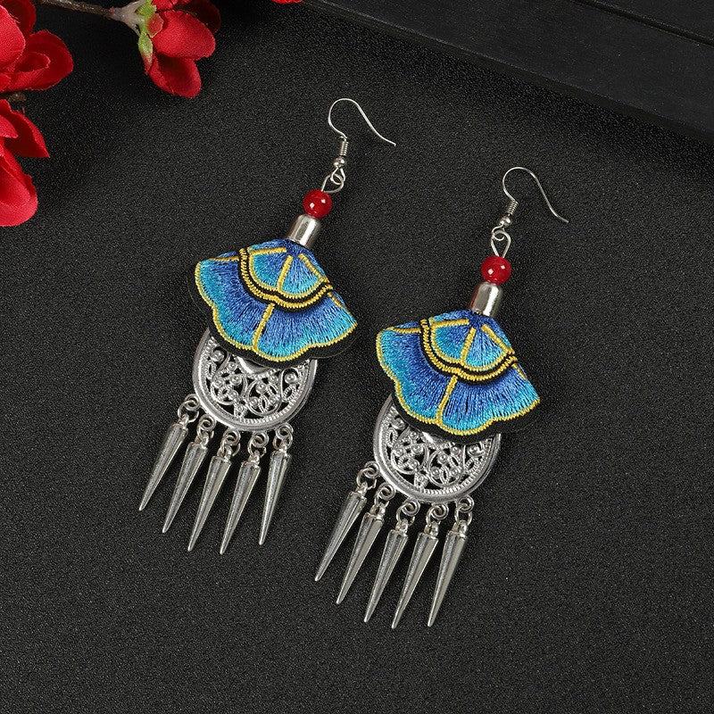 Miao Silver Tassel Earrings With Sky blue Earrings - Handmade