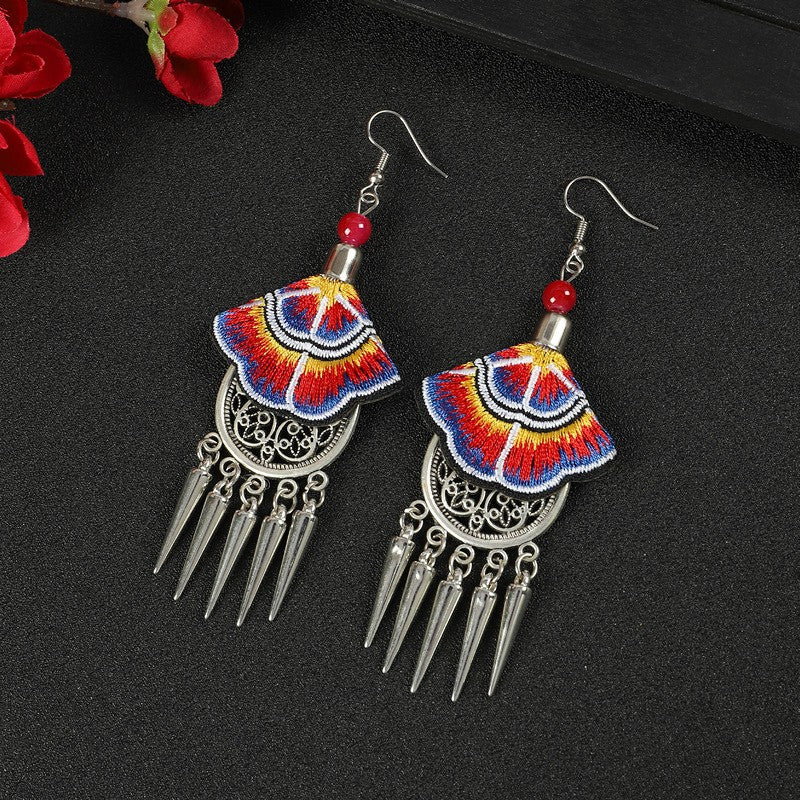 Miao Silver Tassel Earrings With Blue & Red Earrings - Handmade