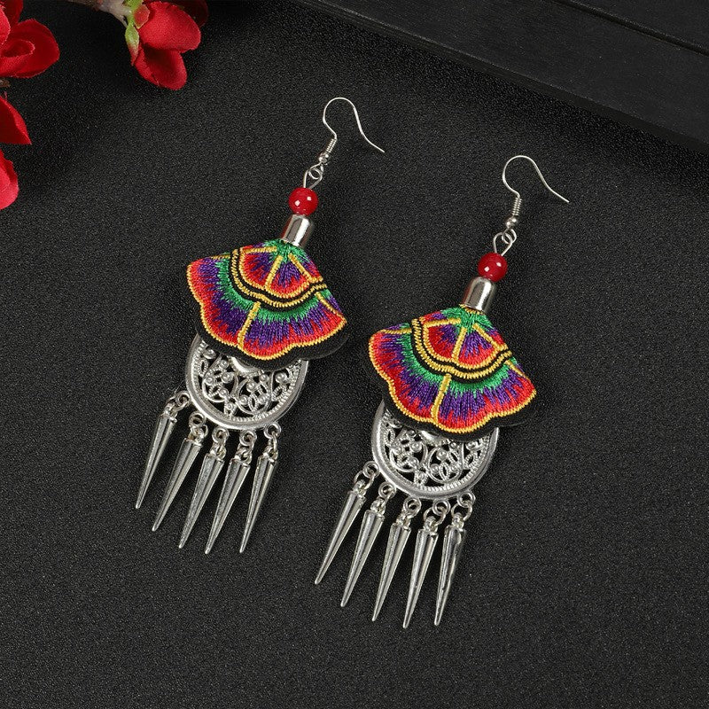 Miao Silver Tassel Earrings With Purple & Red Earrings - Handmade