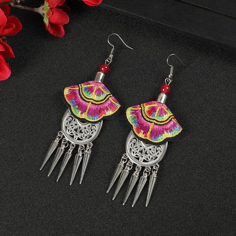 Miao Silver Tassel Earrings With Colorful Earrings - Handmade