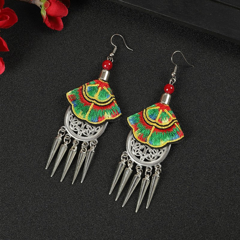 Miao Silver Tassel Earrings With Green & Red Earrings - Handmade