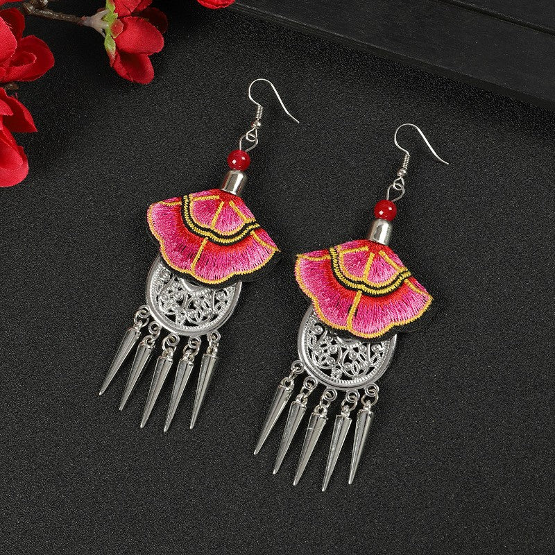Miao Silver Tassel Earrings With Pink & Red Earrings - Handmade