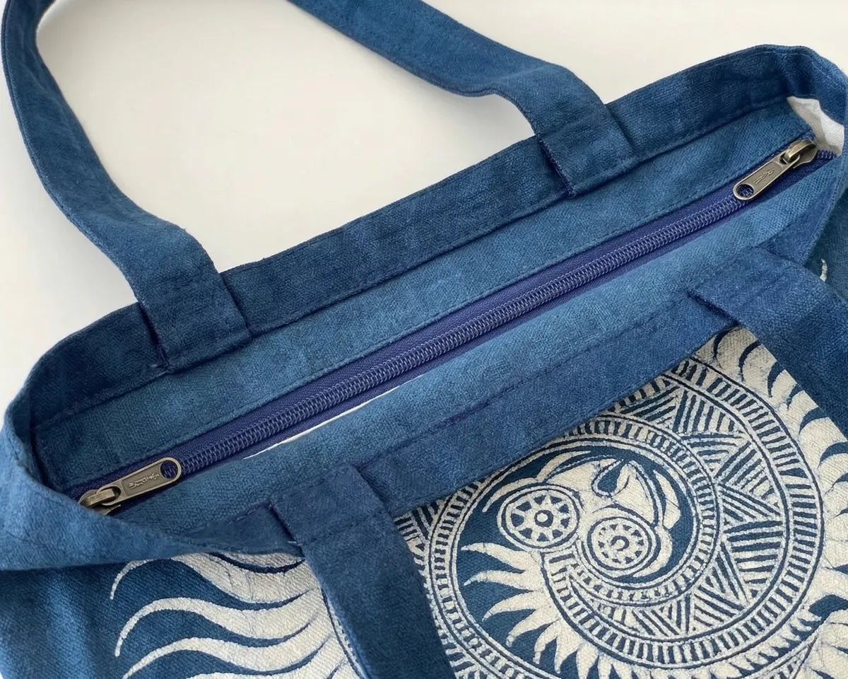 Miao batik  tote bag with a zipper and a white and blue pattern on a white background