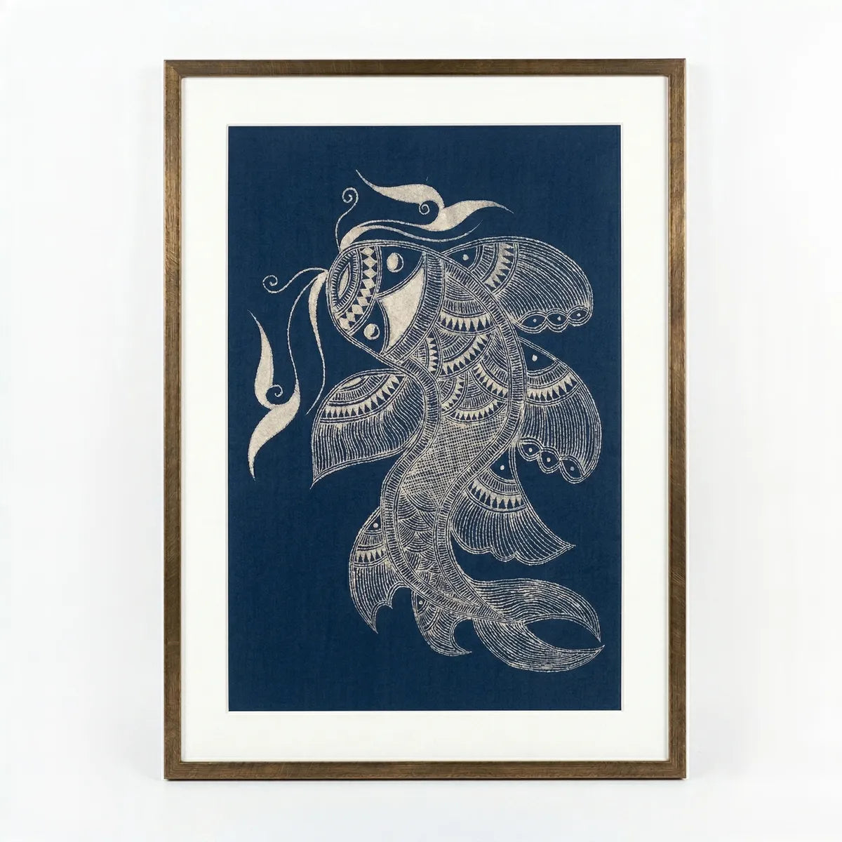 Framed Miao Batik  artwork of a stylized fish on a blue background