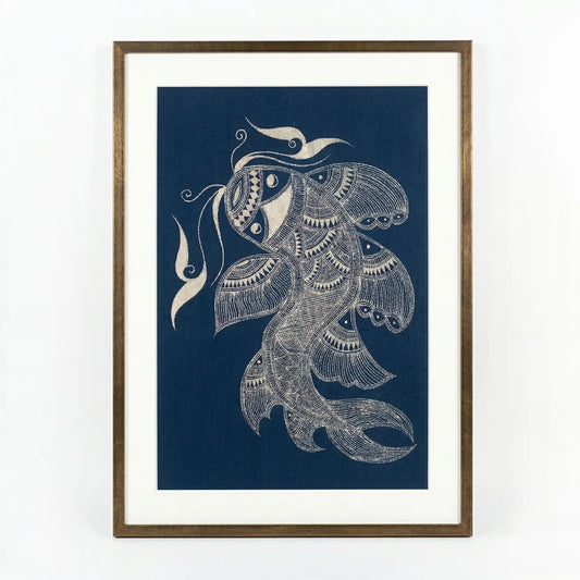 Framed Miao Batik  artwork of a stylized fish on a blue background
