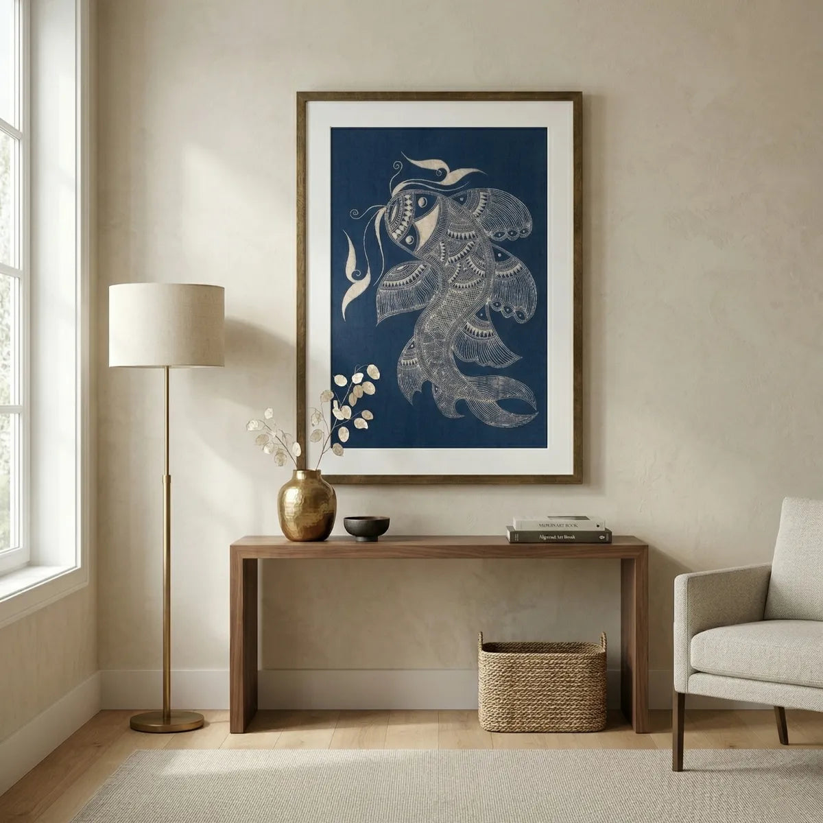 Framed Miao Batik artwork on a wall above a wooden console table in a living room.
