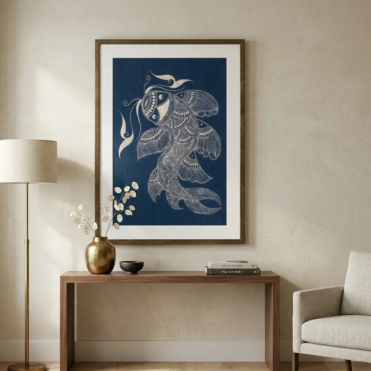 Miao Batik  wall art of a stylized fish on a blue background in a wooden frame, displayed in a living room setting.