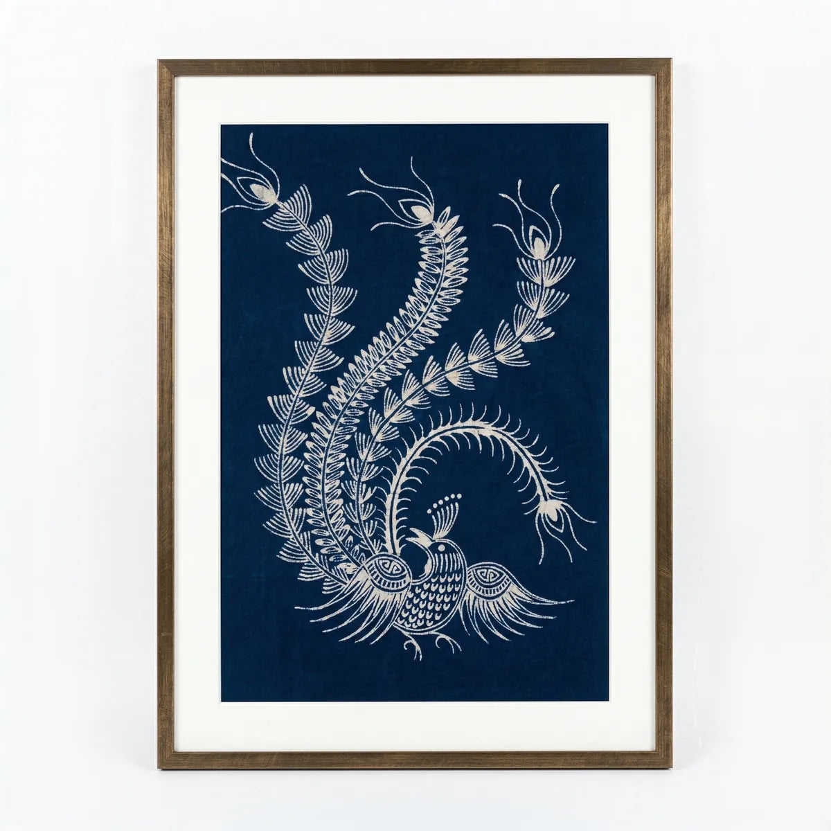 Framed Miao Batik artwork with a phoenix design on a blue background