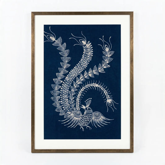 Framed Miao Batik artwork with a phoenix design on a blue background