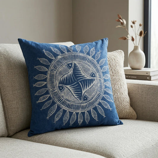 miao batik pillow with white design on a beige couch