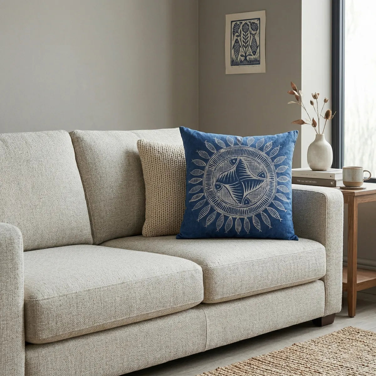 Beige sofa with decorative miao batik pillows in a living room setting