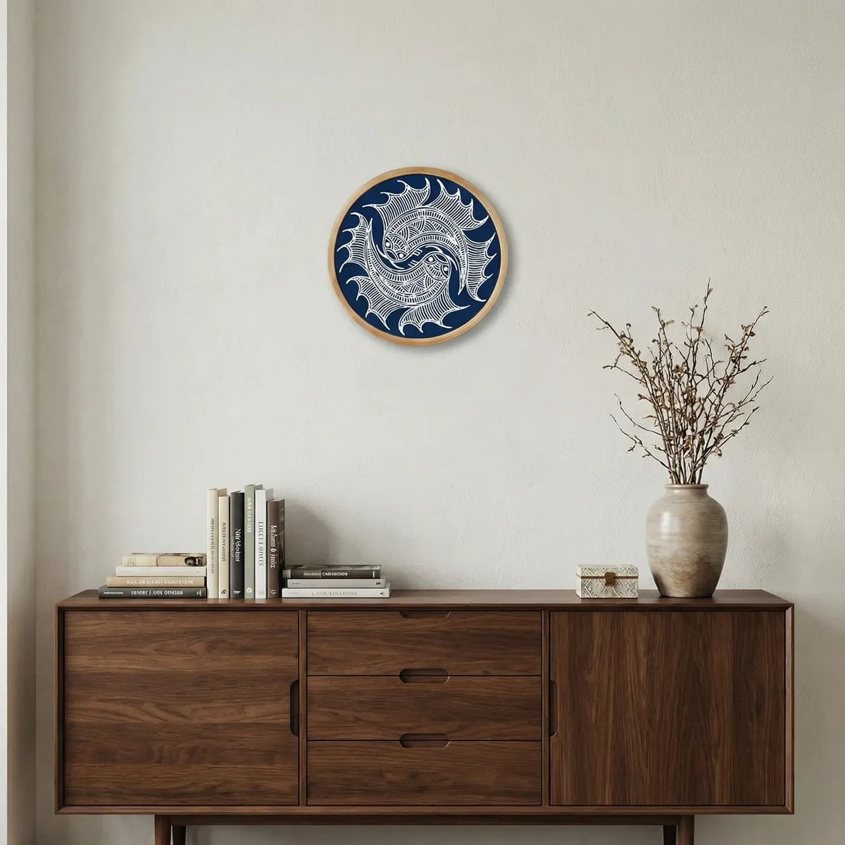 Miao batik wall art with a blue and white design on a wooden sideboard with books and a vase.