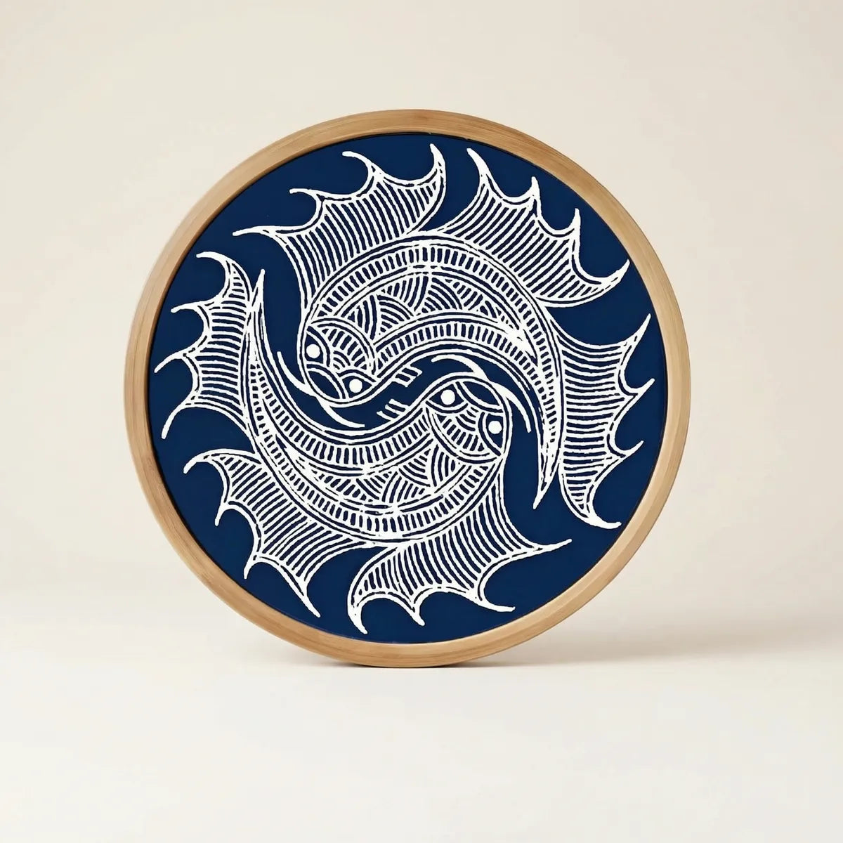 Miao batik wall art with white abstract design on a blue background, framed in wood.