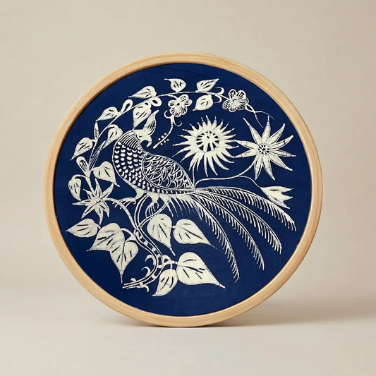 Miao batik wall art with white floral and bird design on a blue background, framed in wood.