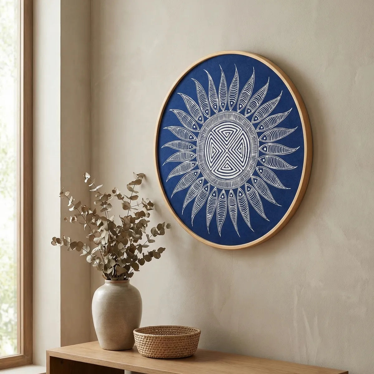 Decorative Miao batik wall art with a blue and white design on a wooden frame, placed above a wooden table with a vase and basket.