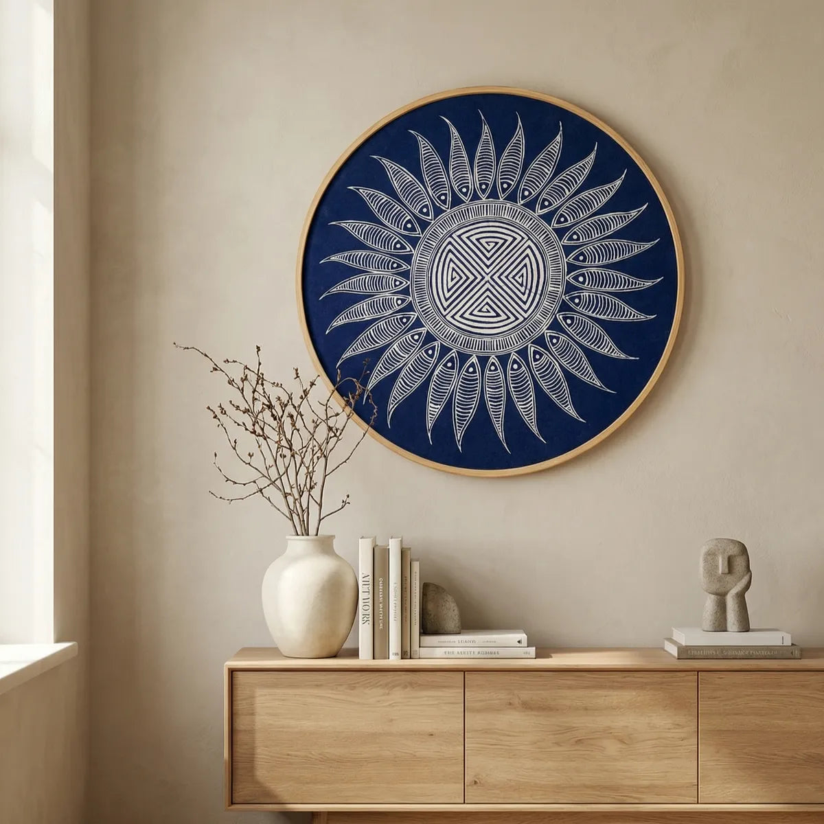 Decorative Miao batik wall art with a sun design on a blue background in a room with a wooden cabinet.