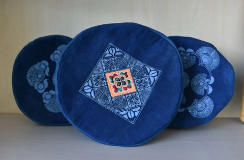 Blue Miao batik cushion covers with patterned center panels
