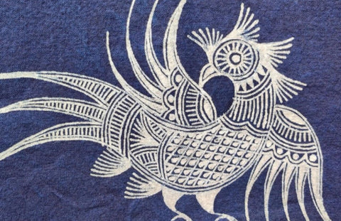 Miao batik bird pattern in white on indigo fabric