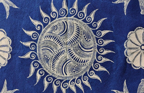 Miao batik bronze drum pattern in white on indigo fabric