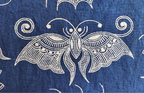Miao batik butterfly pattern in white on indigo fabric
