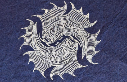 Miao batik fish pattern in white on indigo fabric