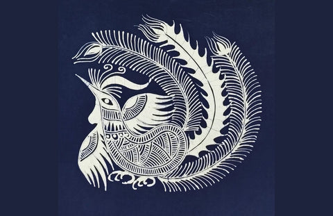 Miao batik phoenix pattern in white on indigo fabric
