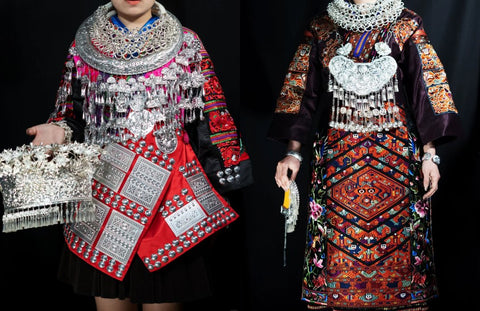 Miao traditional clothing with embroidery and silver ornament details