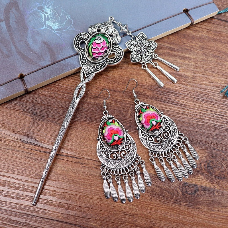 Retro Miao Embroidery Earrings With Crescent Set with Hair Stick Earrings - Handmade