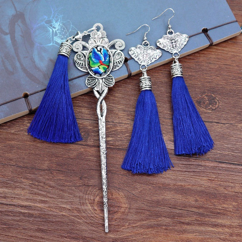 Retro Miao Embroidery Earrings With Butterfly & Blue Tassel Set with Hair Stick Earrings - Handmade