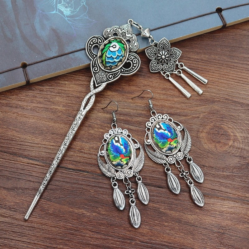 Retro Miao Embroidery Earrings With Double-leaf Set with Hair Stick Earrings - Handmade