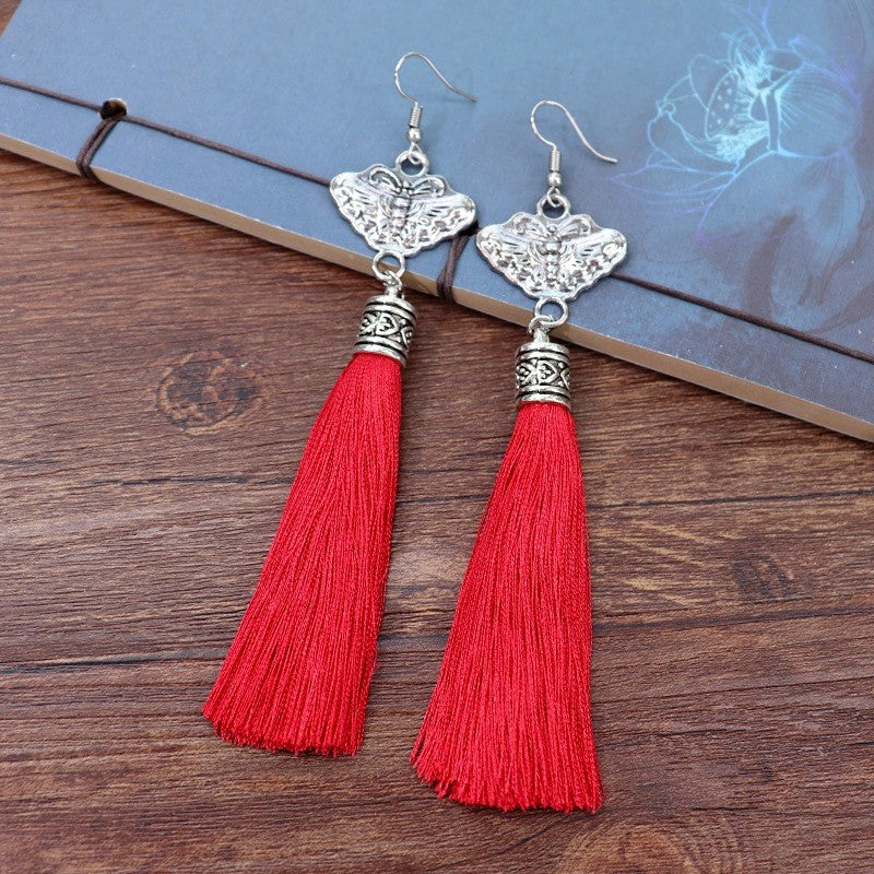 Retro Miao Embroidery Earrings With Butterfly & Red Tassel Earrings Only Earrings - Handmade