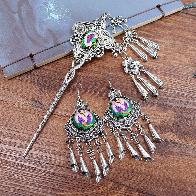 Retro Miao Embroidery Earrings With Wind Bell Set with Hair Stick Earrings - Handmade
