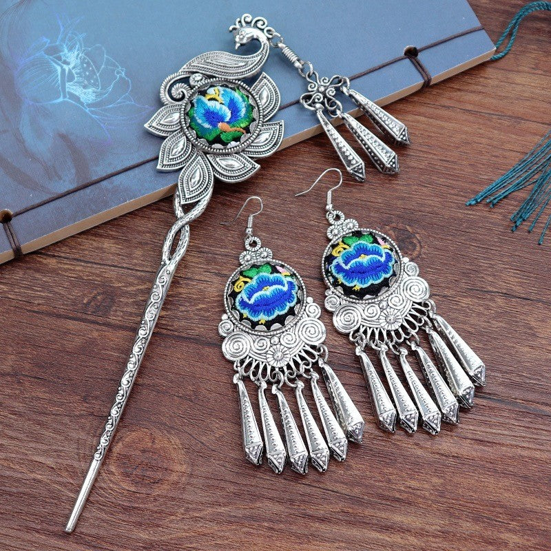 Retro Miao Embroidery Earrings With Whirlpool Set with Hair Stick Earrings - Handmade