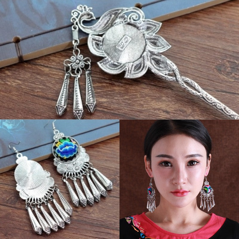 Retro Miao Embroidery Earrings With Earrings - Handmade