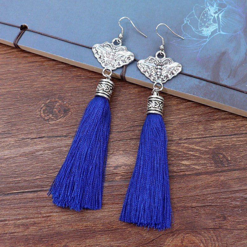 Retro Miao Embroidery Earrings With Butterfly & Blue Tassel Earrings Only Earrings - Handmade