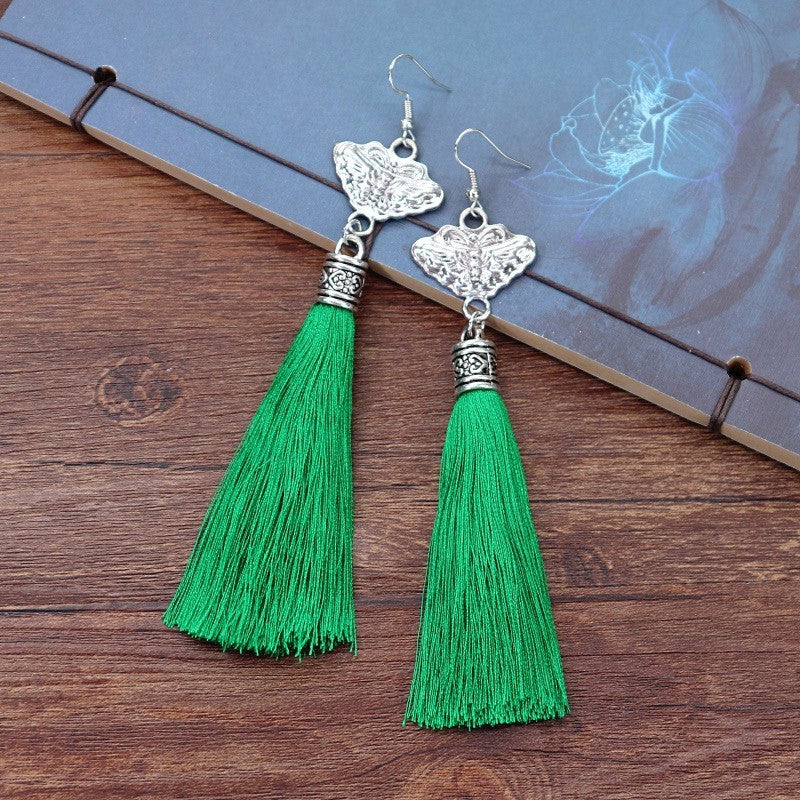 Retro Miao Embroidery Earrings With Butterfly & Green Tassel Earrings Only Earrings - Handmade