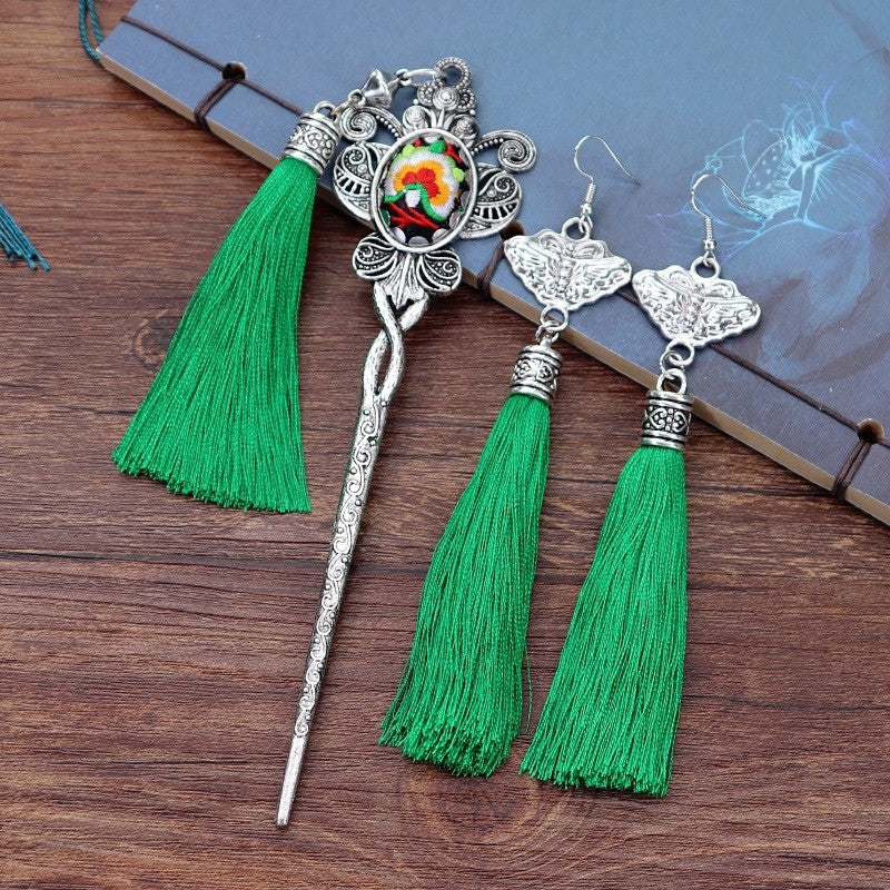 Retro Miao Embroidery Earrings With Butterfly & Green Tassel Set with Hair Stick Earrings - Handmade